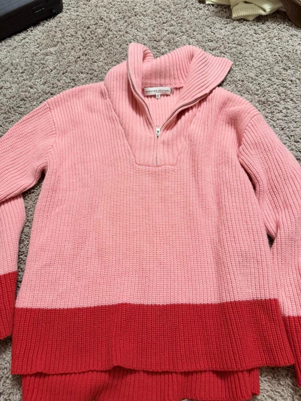 English Factory Pink and Red Half-Zip Ribbed Turtleneck Sweater